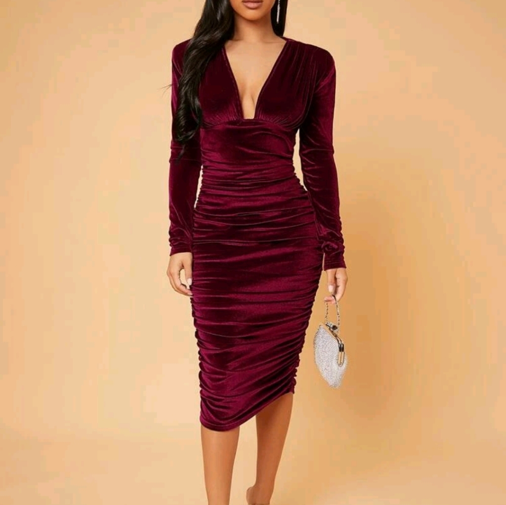Burgundy Velvet V Neck Dress